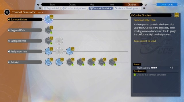 Summon Entities, Regional Data, Biological Intel, Assignment Intel, and the Tutorial as they appear in the Combat Simulator Screen for FF7 Rebirth