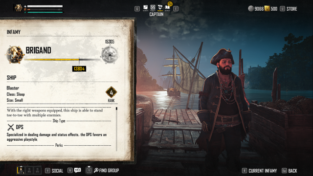 All Infamy Ranks in Skull and Bones, featuring the UI outlining ship types, perks, and other rank options. 