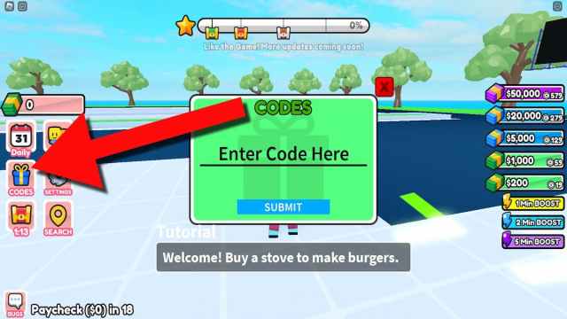 How to redeem codes in Burger Store Tycoon.