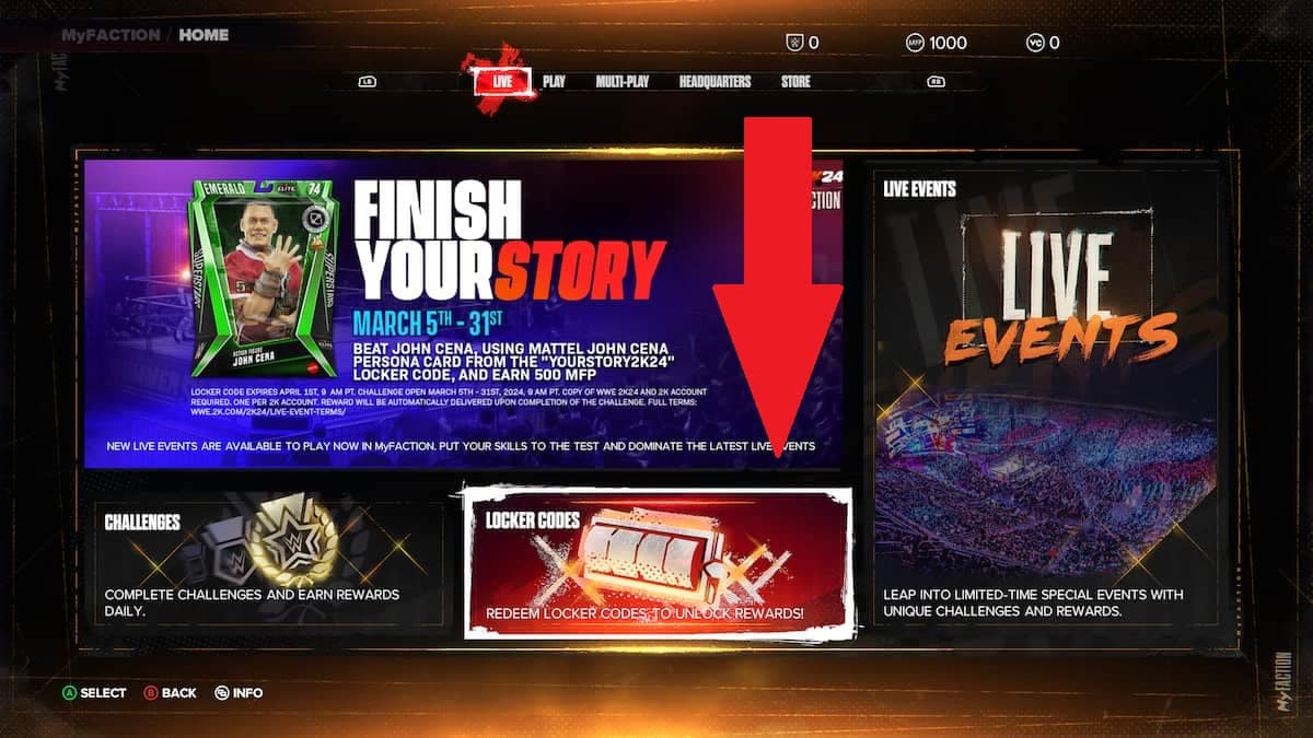 WWE 2K24 Locker Codes Guide Main menu