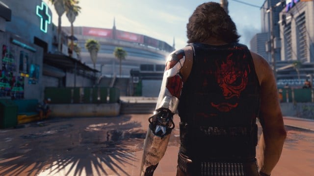 Cyberpunk 2077: the back of Johnny Silverhand as he walks forward.