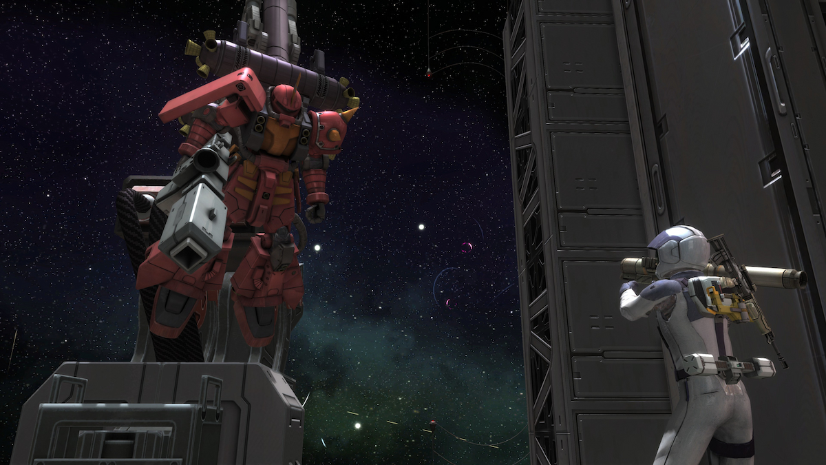 Federation pilot shooting at the Psycho Zaku in space