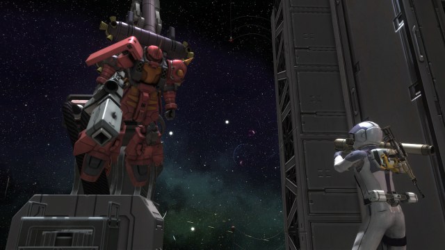 Federation pilot shooting at the Psycho Zaku in space