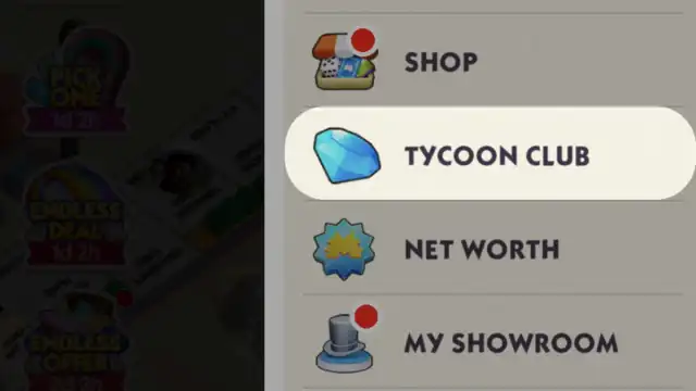 Monopoly GO Tycoon Club menu
