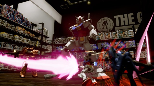 Small Gundams and Mobile Suits fighting a large RX-78-2 in a toy store