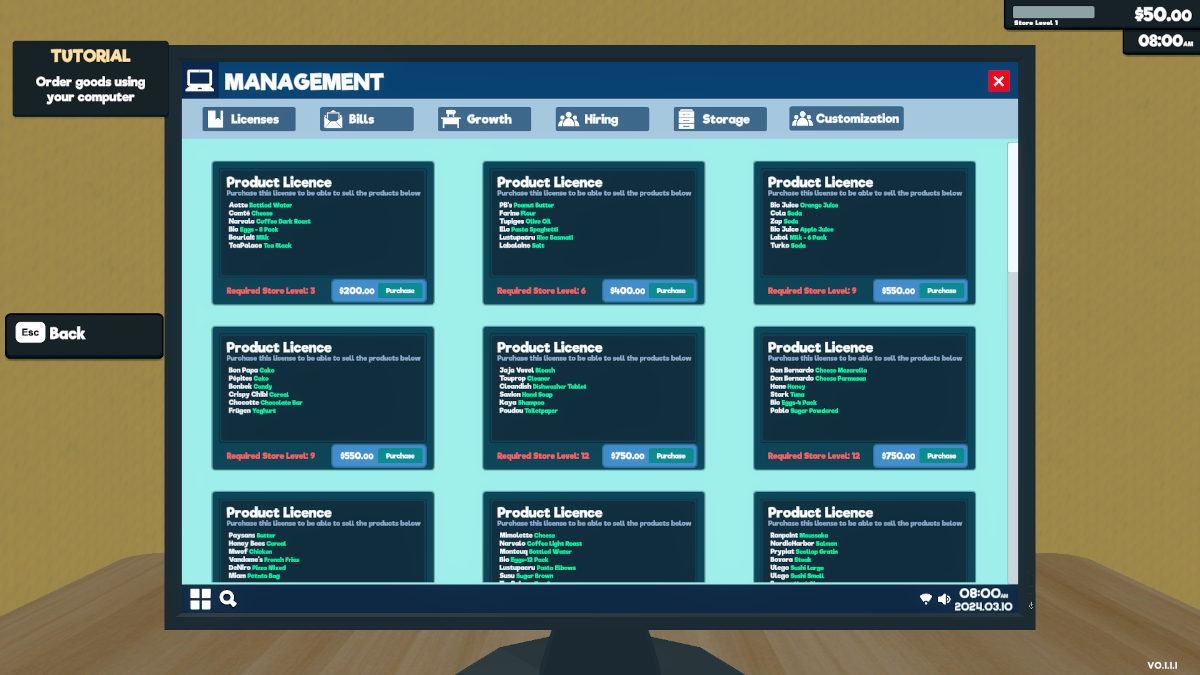 Product licenses in Supermarket Simulator