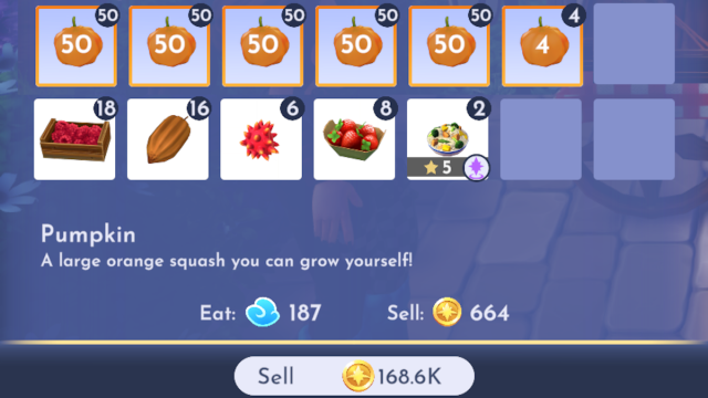Total received for selling Pumpkins in Disney Dreamlight Valley