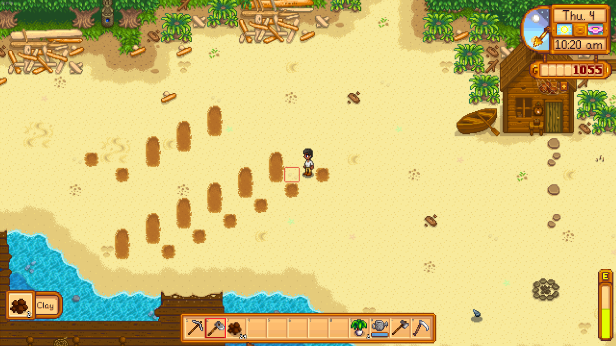 Using the hoe in Stardew Valley to quickly gather Clay