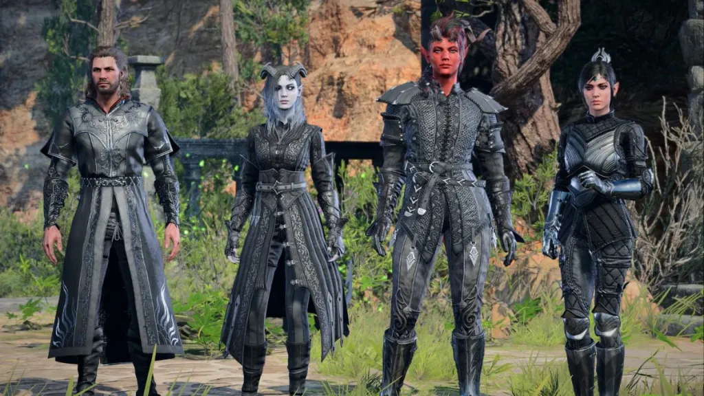 Example of character clothing using the Aethers' Black Dye mod for Baldur's Gate 3. 