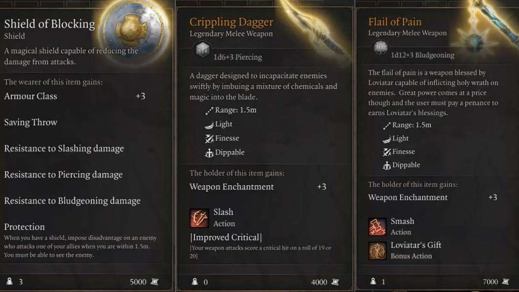 Examples of the legendary items in the Legendary Items mod for Baldur's Gate 3. 