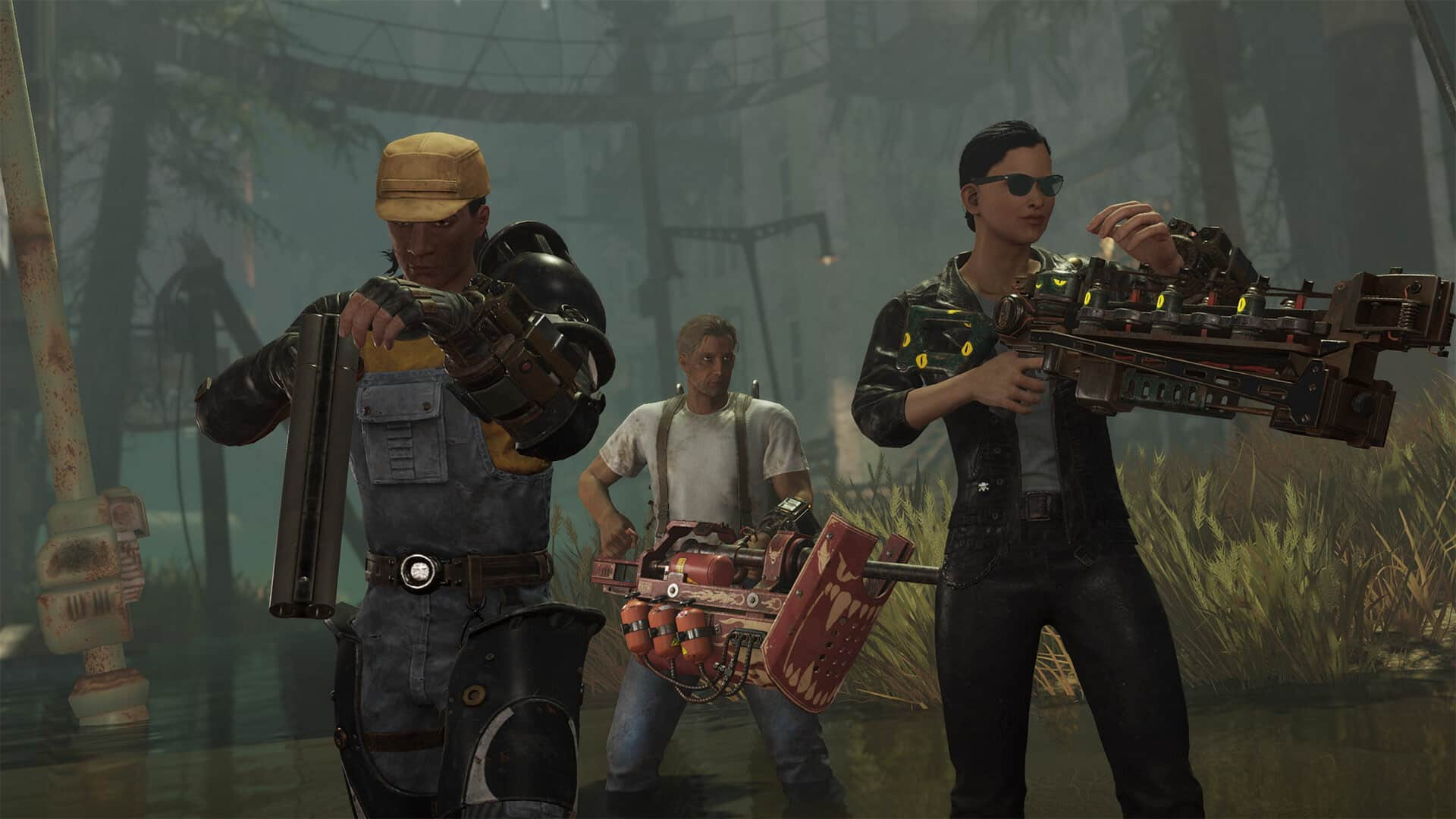 Three Fallout 76 characters walking through a dark street holding weapons. 