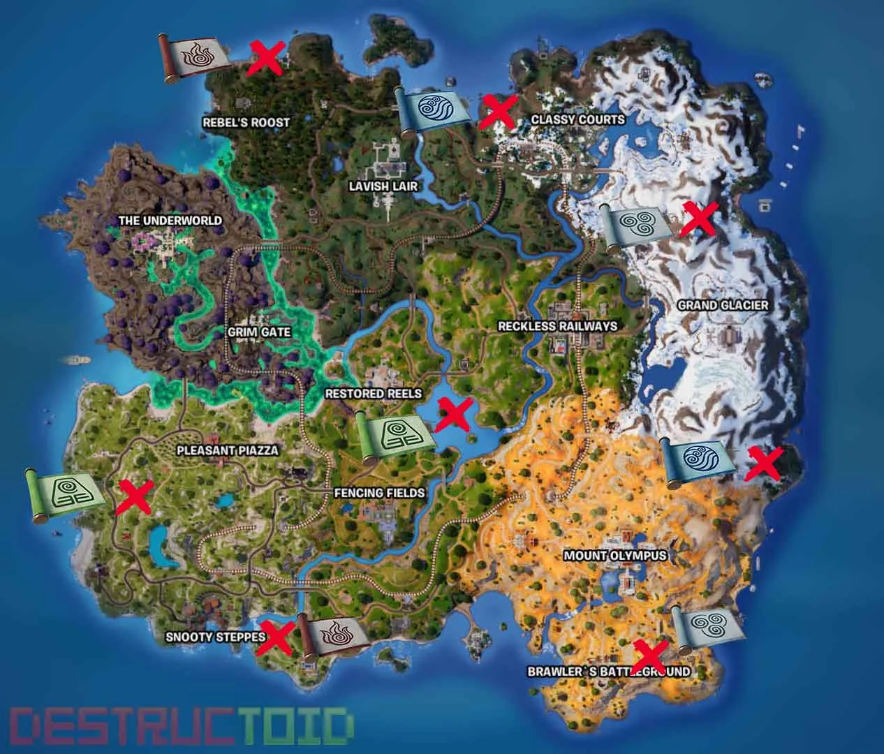 A map of the Fortnite island in Chapter 5, Season 2. Elemental Shrines are marked by a red X, with the bending item beside it. 