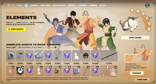 All the rewards from the Elements Pass in Fortnite, including the Aang skin.