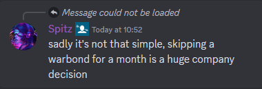 A message from Spitz explaining that skipping a warbond would be a huge company decision. 