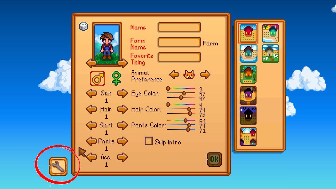 Character creation screen in Stardew Valley