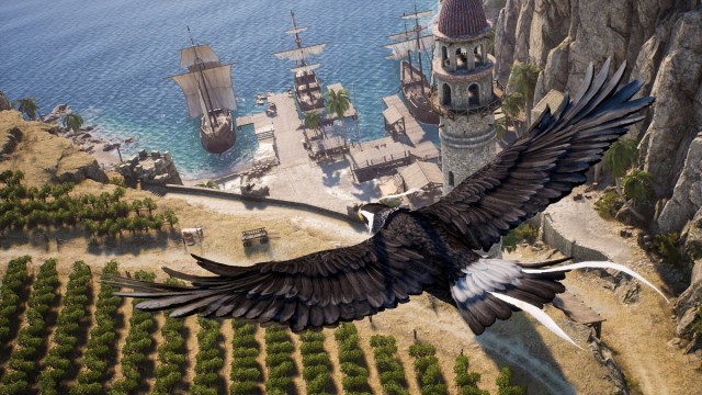 Throne and Liberty bird flying above docks