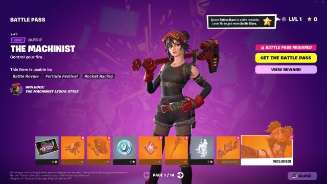 The first page of Fortnite's Season 3 Battle Pass, including the Machinst skin.