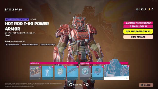 The first page of Fortnite's Season 3 Battle Pass, including the Hot Rod T-60 Power Armor skin.
