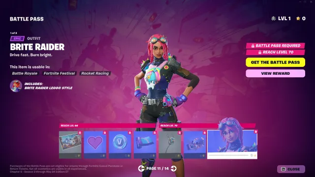 The first page of Fortnite's Season 3 Battle Pass, including the Brite Raider skin.