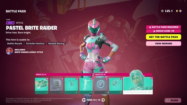 The first page of Fortnite's Season 3 Battle Pass, including the Brite Raiderskin.