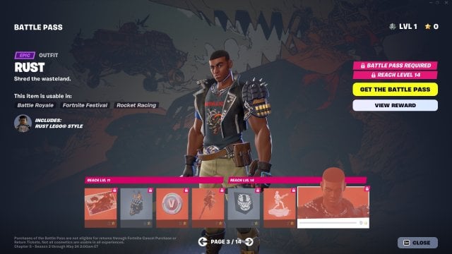 The third page of Fortnite's Season 3 Battle Pass, including the Rust skin.