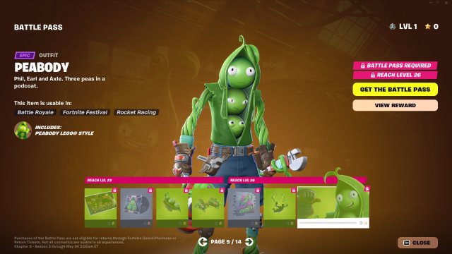 The fifth page of Fortnite's Season 3 Battle Pass, including the Peabody skin.