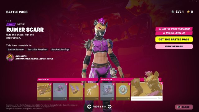 The eigth page of Fortnite's Season 3 Battle Pass, including the Runner Scarr skin.