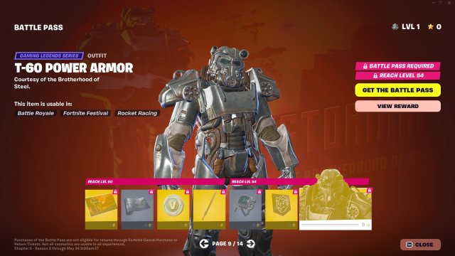 The ninth page of Fortnite's Season 3 Battle Pass, including the T-60 Power Armor skin.