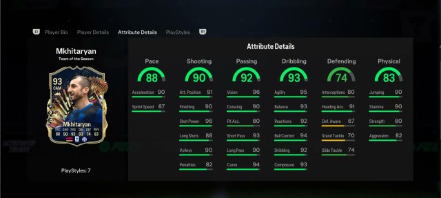 An image of Mkhitaryan TOTS card stats in EA FC 24