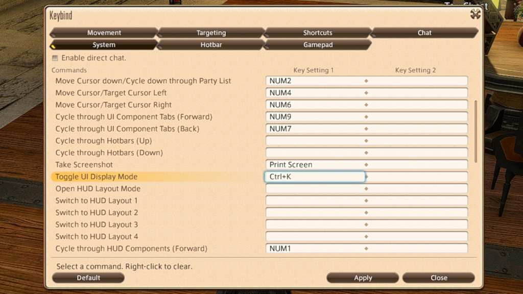 UI display keybind changed to CTRL+K in Final Fantasy XIV