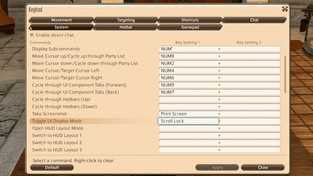 Default keybind to toggle UI display in Final Fantasy XIV