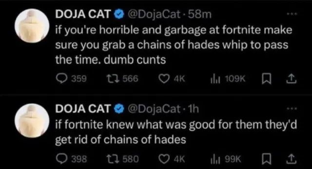 Le chat Doja tweete, appelant les joueurs de Fortnite qui utilisent les chaînes d'Hadès 