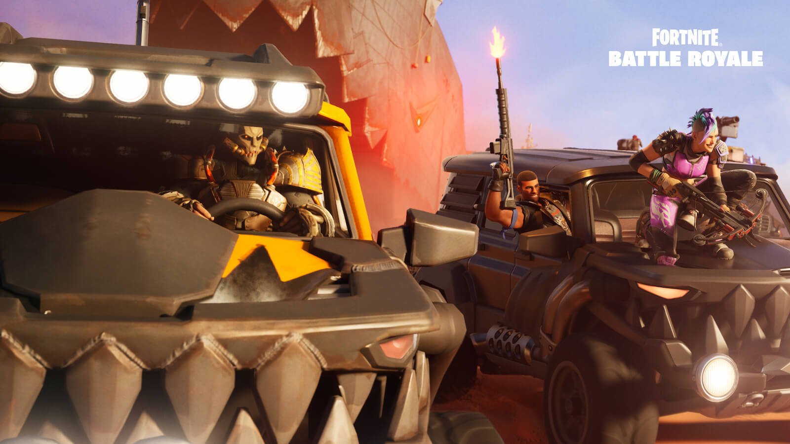 Players driving jeeps in Fortnite, with one sitting on the hood and another firing a gun out the window. 