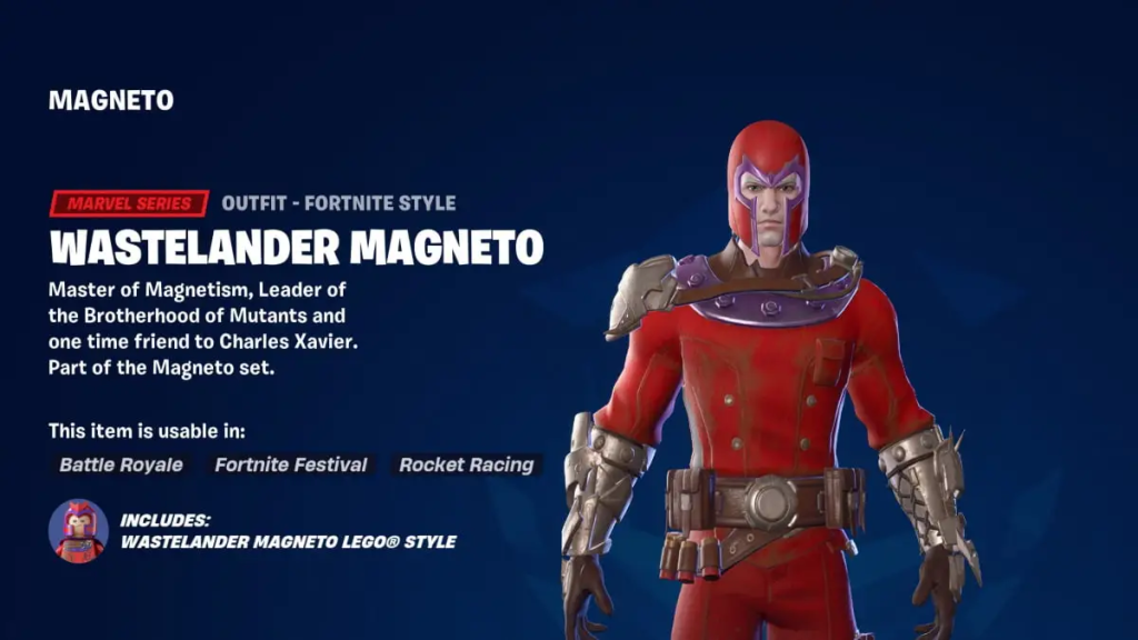 Magneto in Fortnite, wearing a red suit and helmet. 