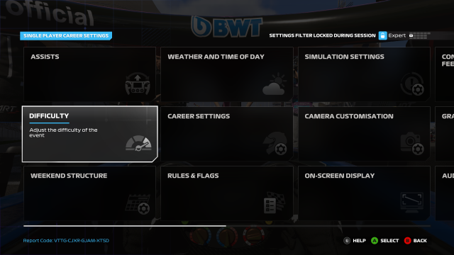 F1 24's settings menu, showing the Difficulty tab. 