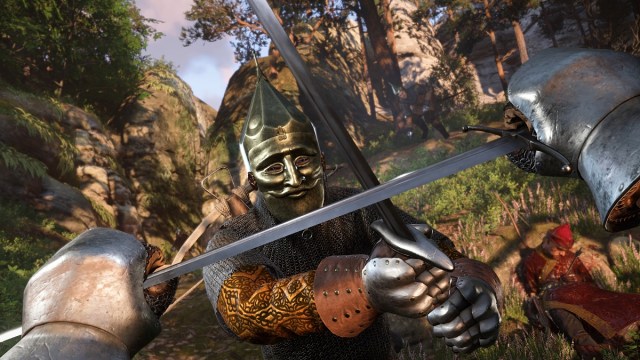 Kingdom Come Deliverance 2 first-person sword fight with masked enemy