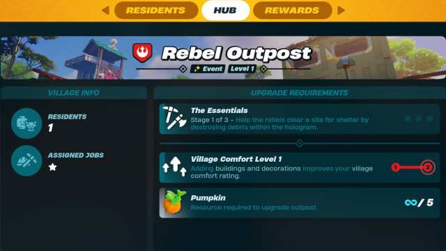 LEGO Fortnite Rebel Outpost upgrade screen and quests