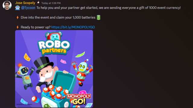 Monopoly GO Robo Partners announcement in the official Discord