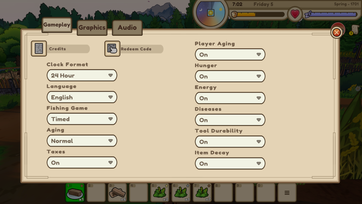 Settings menu in Echoes of the Plum Grove