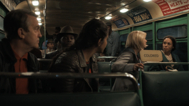 The Doctor talking to Rosa Parks on a Montgomery bus in the Doctor Who episode 'Rosa'