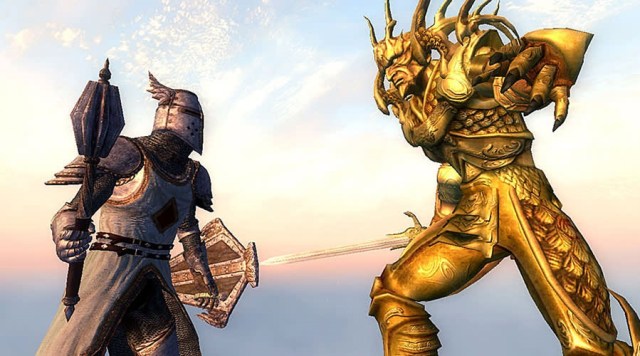 The Elder Scrolls: Bild aus Oblivion, das einen Ritter zeigt, der im Begriff ist, gegen einen goldenen Krieger zu kämpfen.
