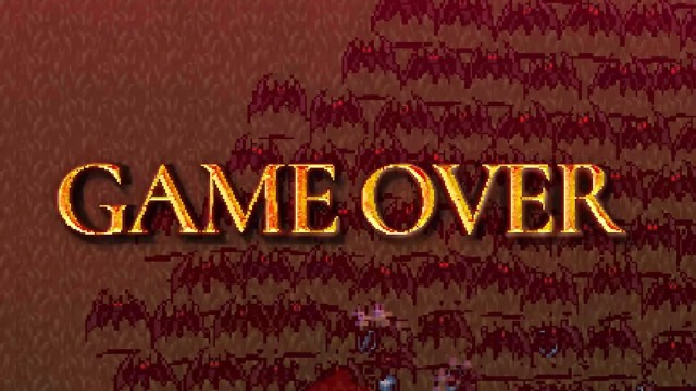 Vampire Survivors: the game over screen on a reddish background.