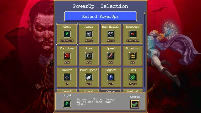 Vampire Surivors: a screenshot showing the in-game shop with all the power-ups available.