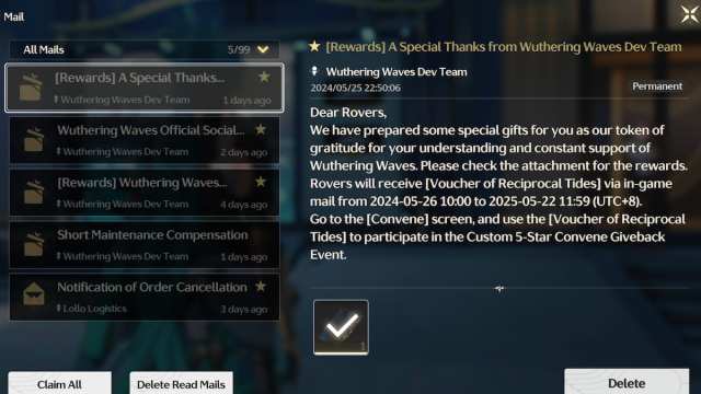 Wuthering Waves Voucher of Reciprocal Tides mail message