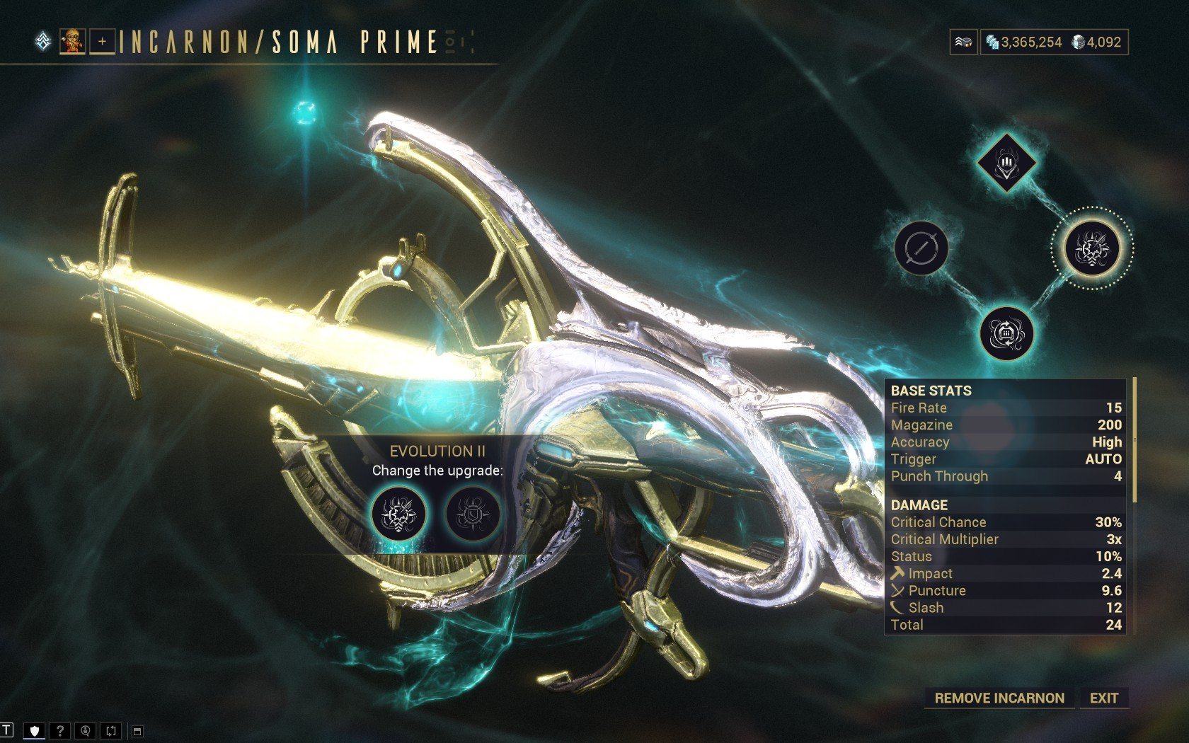 Incarnon Soma Prime, along with its Evolution II upgrade in Warframe