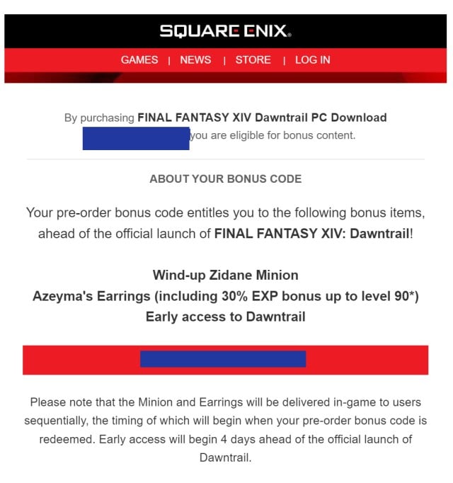 The Final Fantasy XIV Dawntrail Registration code email, explaining where to get the WInd-up Zidane Minion, Azeyma's Earrings, and Dawntrail Early Acces