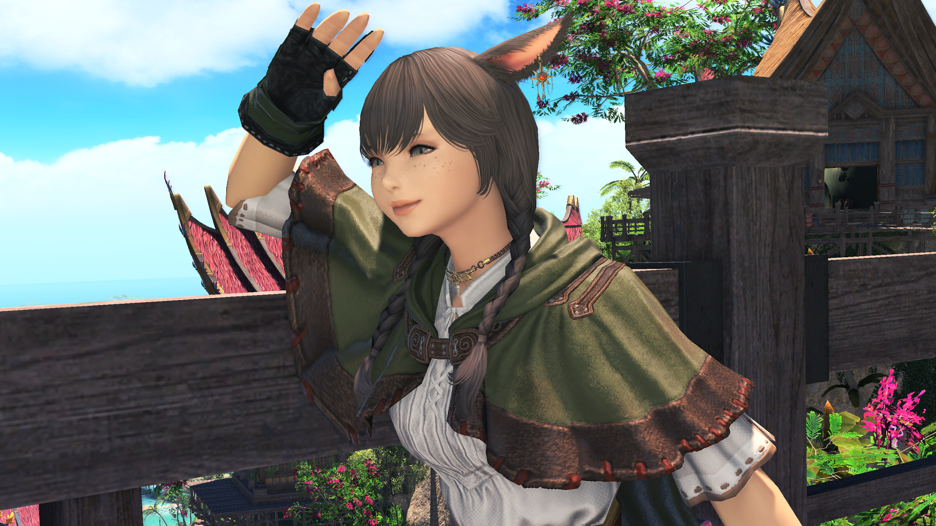 A miqote in FFXIV Dawntrail using the Sightseeing Lookout command
