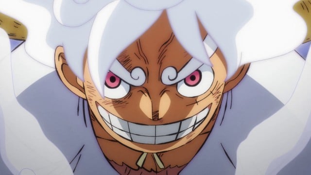 Gear Five Luffy smiling menacingly in One Piece