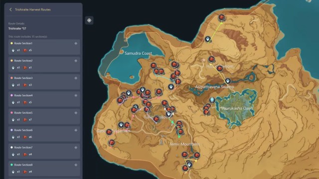 Map of Trishiraite locations and farming route in Genshin Impact