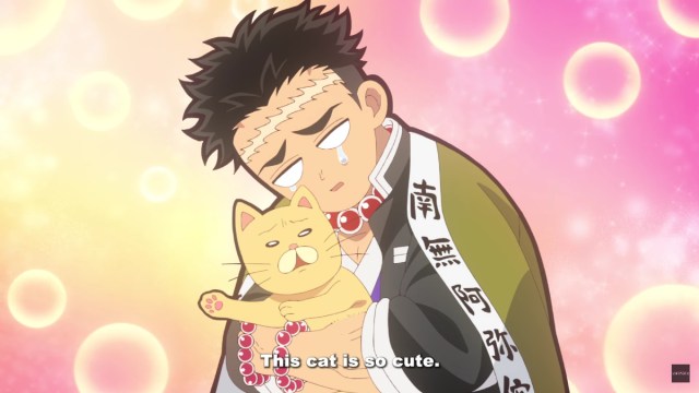 Gyomei Himejima being fond of a cat in Demon Slayer